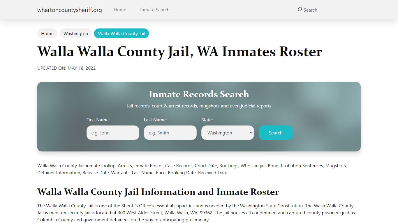 Walla Walla County Jail, WA Jail Roster, Name Search
